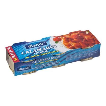 un pack de 3 latas de trozos de calamares en salsa americana