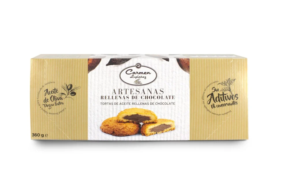 una caja de tortas artesanales de aceite rellenas de chocolate de marca lupiañez